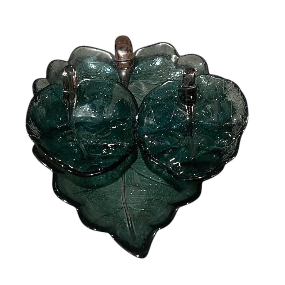 Set Of 3 Vintage Blue-Purple Art Glass Leaf Bowl Dynasty‎ Purple-Blue Glass Bowl